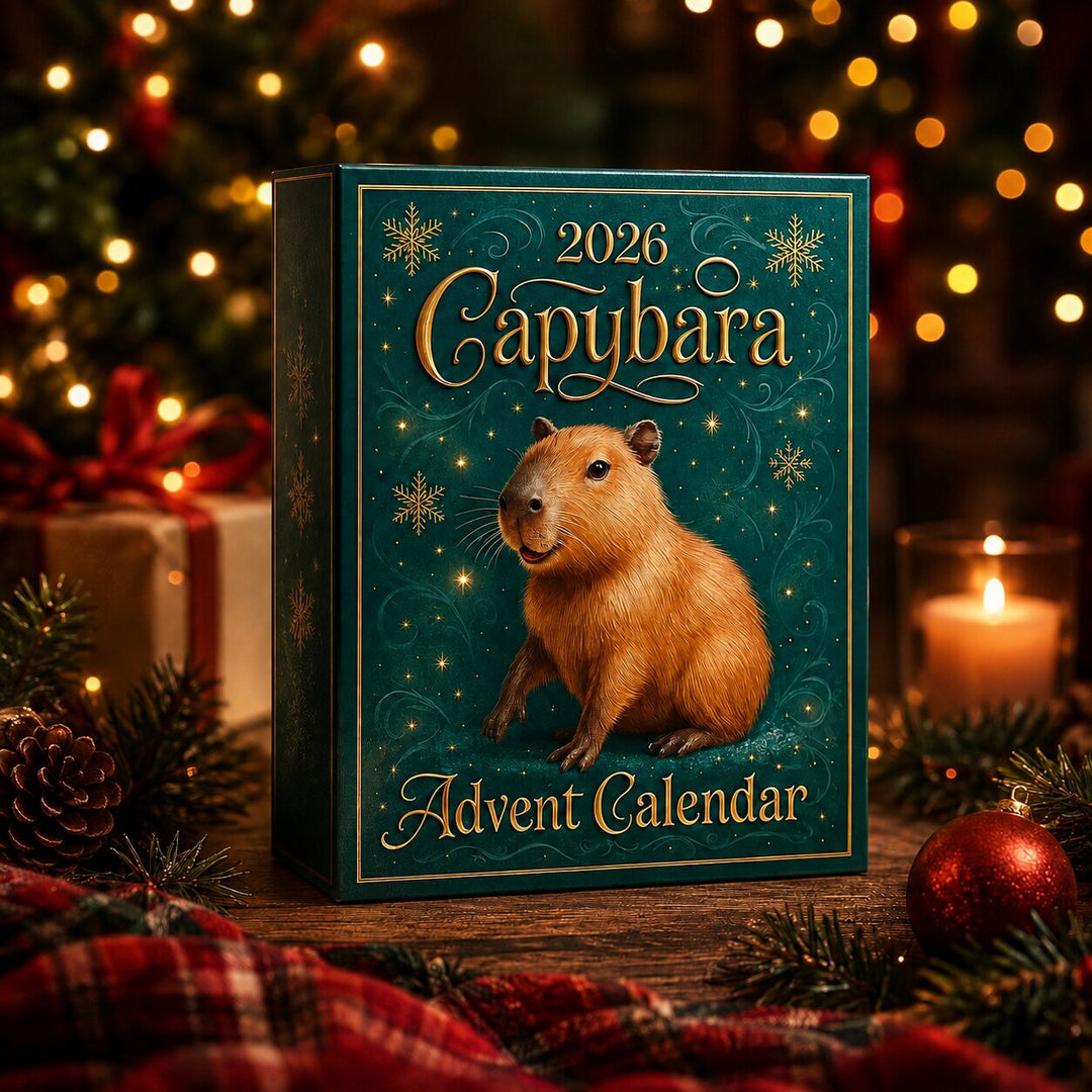 Boîte verte ornée d'un capybara et de flocons dorés, posée sur une table en bois parmi cadeaux, pomme de pin, bougie et boule rouge. 4