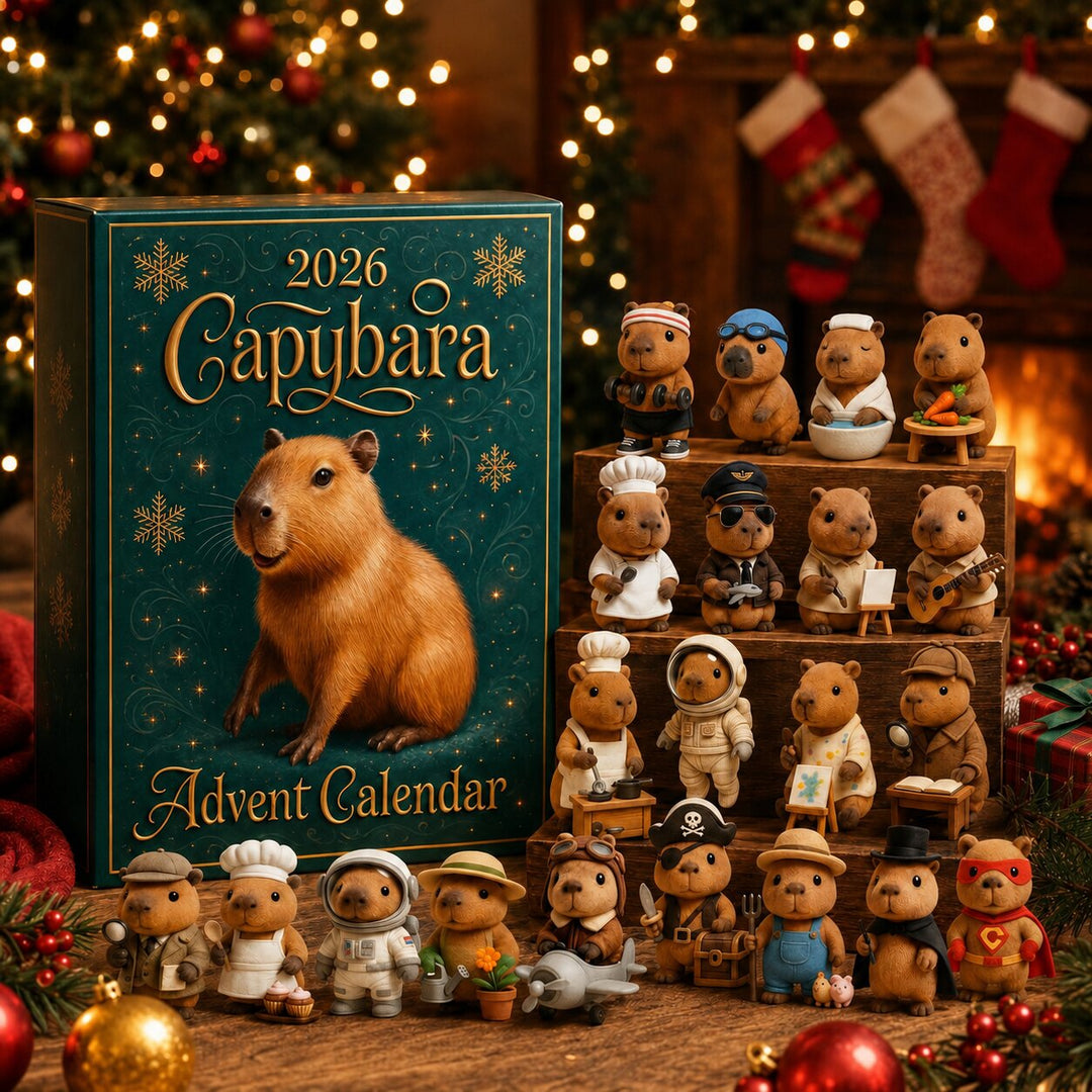 Boîte verte et dorée entourée des 24 figurines de capybara costumés sur gradins en bois, avec guirlandes, chaussettes de Noël et cheminée. 6