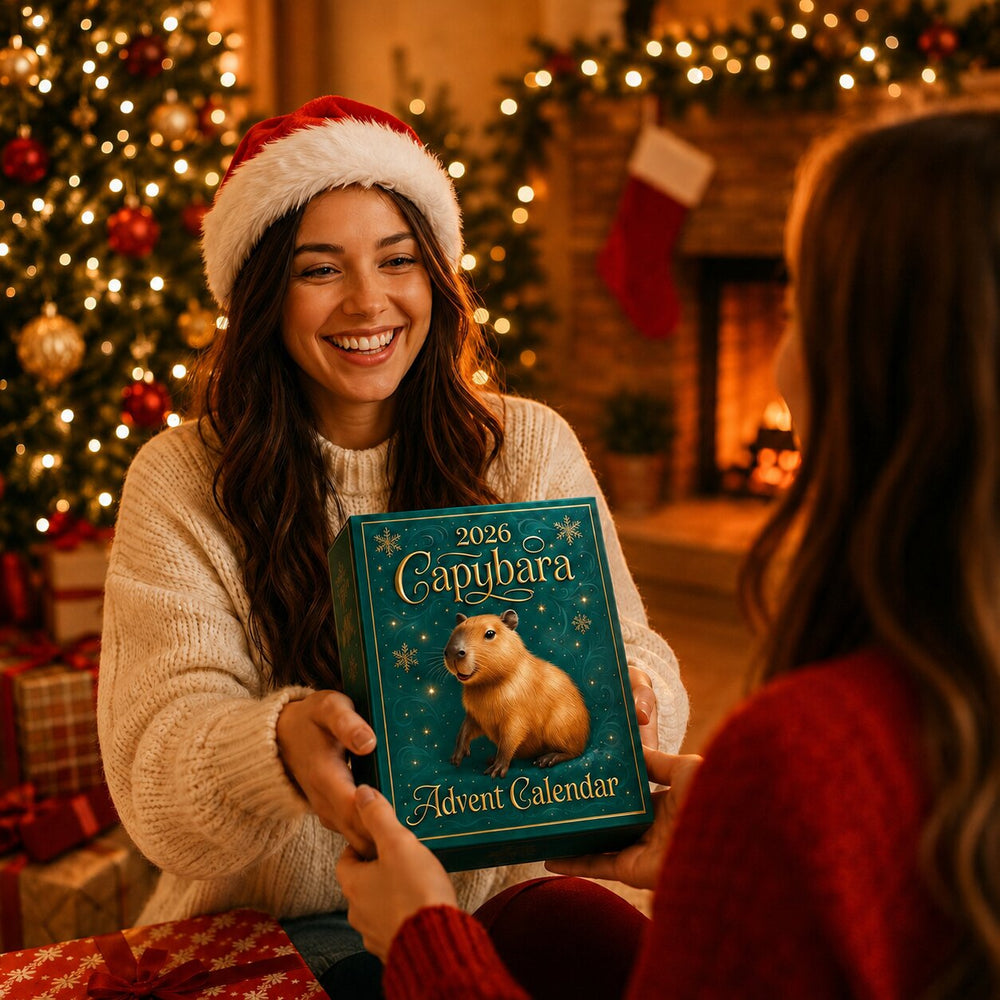 Femme souriante en bonnet de Père Noël offrant la boîte du calendrier à une autre personne devant un sapin illuminé et une cheminée. 2