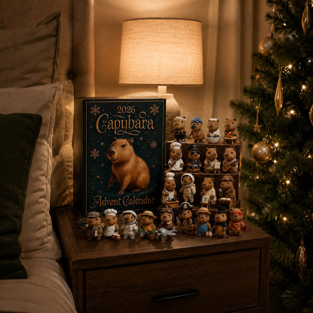 Boîte du calendrier et figurines de capybara en costumes alignées sur une table de chevet, à la lueur d'une lampe, près d'un sapin. 5