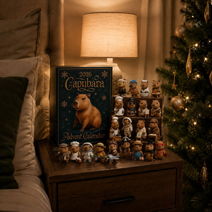 Boîte du calendrier et figurines de capybara en costumes alignées sur une table de chevet, à la lueur d'une lampe, près d'un sapin. 5