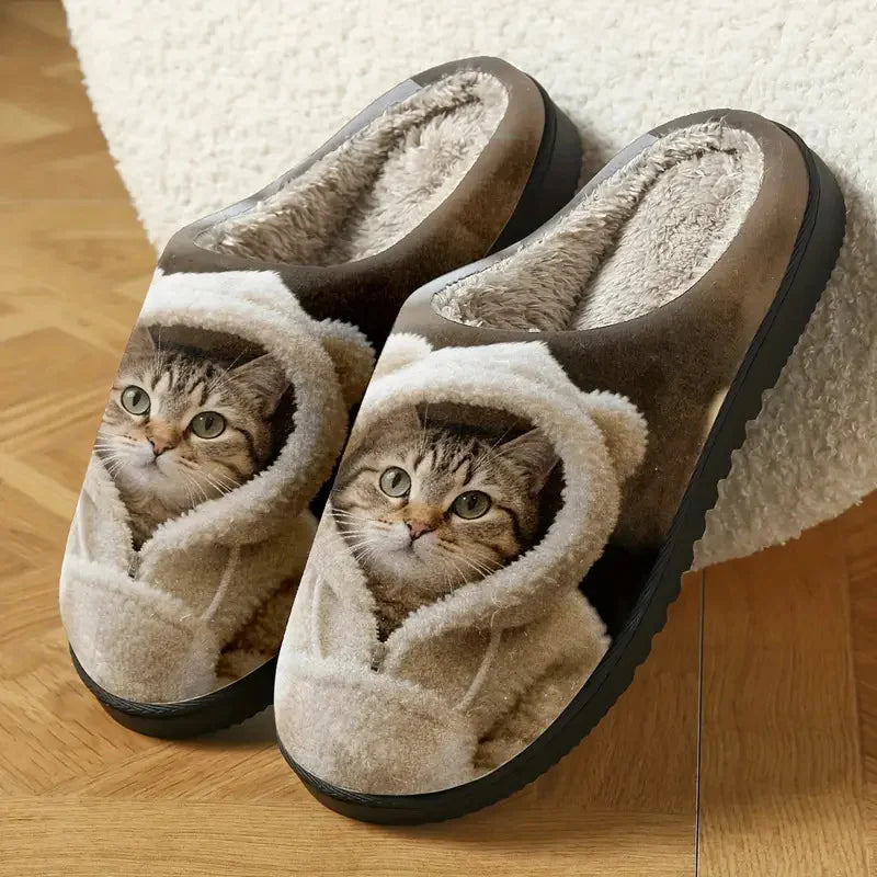 Paire de chaussons posée au sol sur un parquet, avec semelle noire épaisse et intérieur doublé de peluche beige. 4
