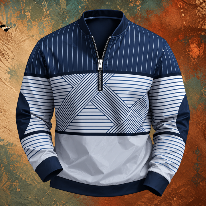 Pull à demi-zip bleu marine et blanc, rayures verticales aux épaules et motif géométrique rayé sur le buste, présenté sur fond texturé. 2