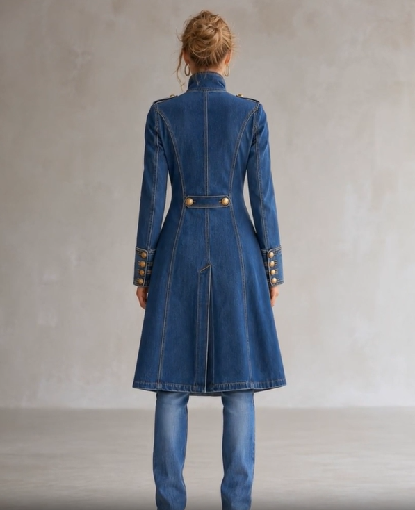 Manteau en denim bleu vu de dos, avec martingale à deux boutons, découpes verticales, pli central et poignets boutonnés. 5