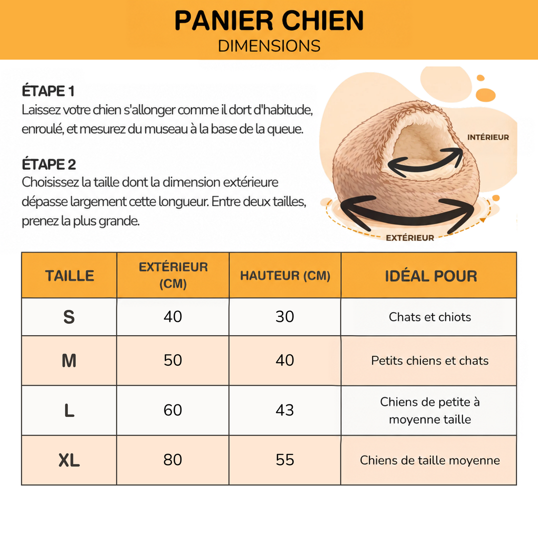 Tableau des tailles S, M, L et XL en néerlandais, avec schéma du panier indiquant où mesurer la dimension extérieure et intérieure. 11