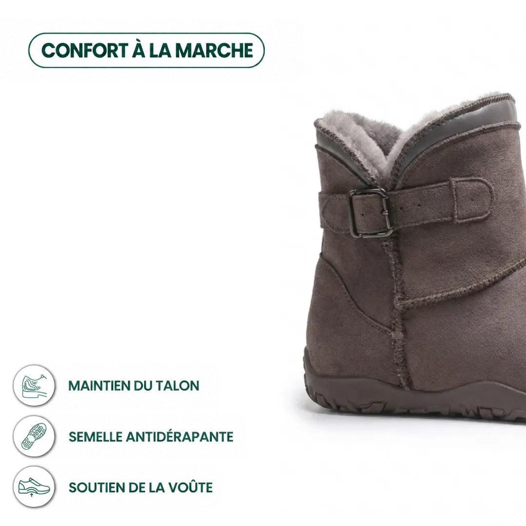 Détail de la boucle et du talon de la botte taupe fourrée, avec pictos de confort 40