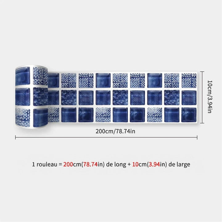 Rouleau déroulé à carreaux de mosaïque bleu marine, certains à motifs pointillés blancs, avec cotes affichées 42