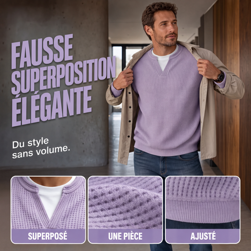 Homme ouvrant une veste beige sur le haut lilas, avec trois détails : encolure en V, maille gaufrée et bord côtelé. 4