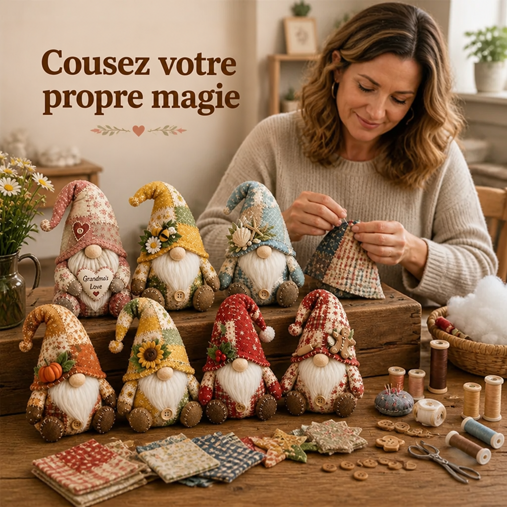 Femme souriante cousant un chapeau de nain patchwork, entourée de huit nains finis, tissus, bobines et ciseaux 1