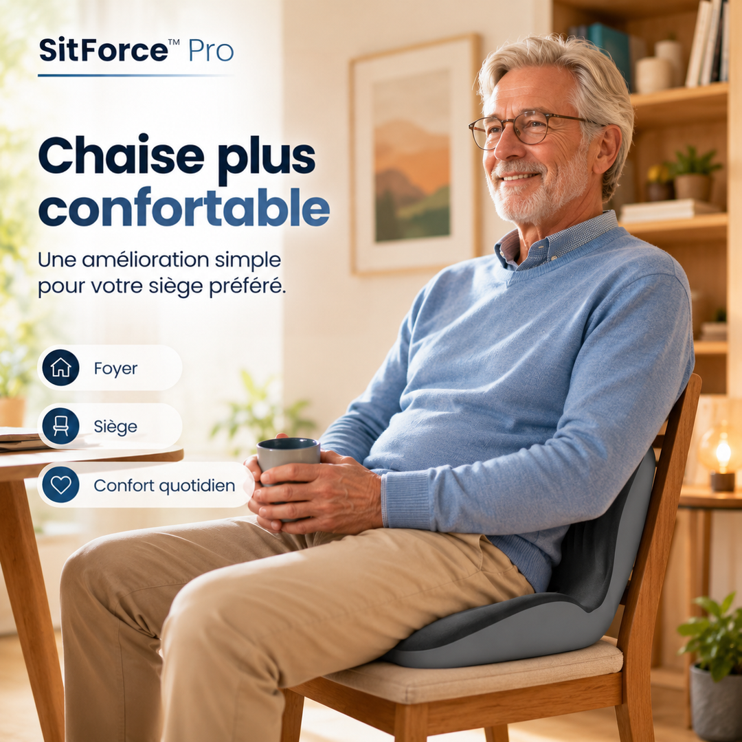 Homme âgé à lunettes tenant une tasse, assis sur une chaise avec le coussin 10