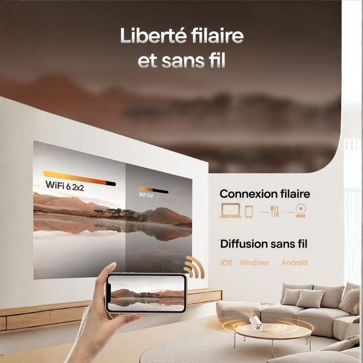 Salon avec image projetée sur le mur et smartphone en main, illustrant la connexion filaire et la diffusion sans fil 6