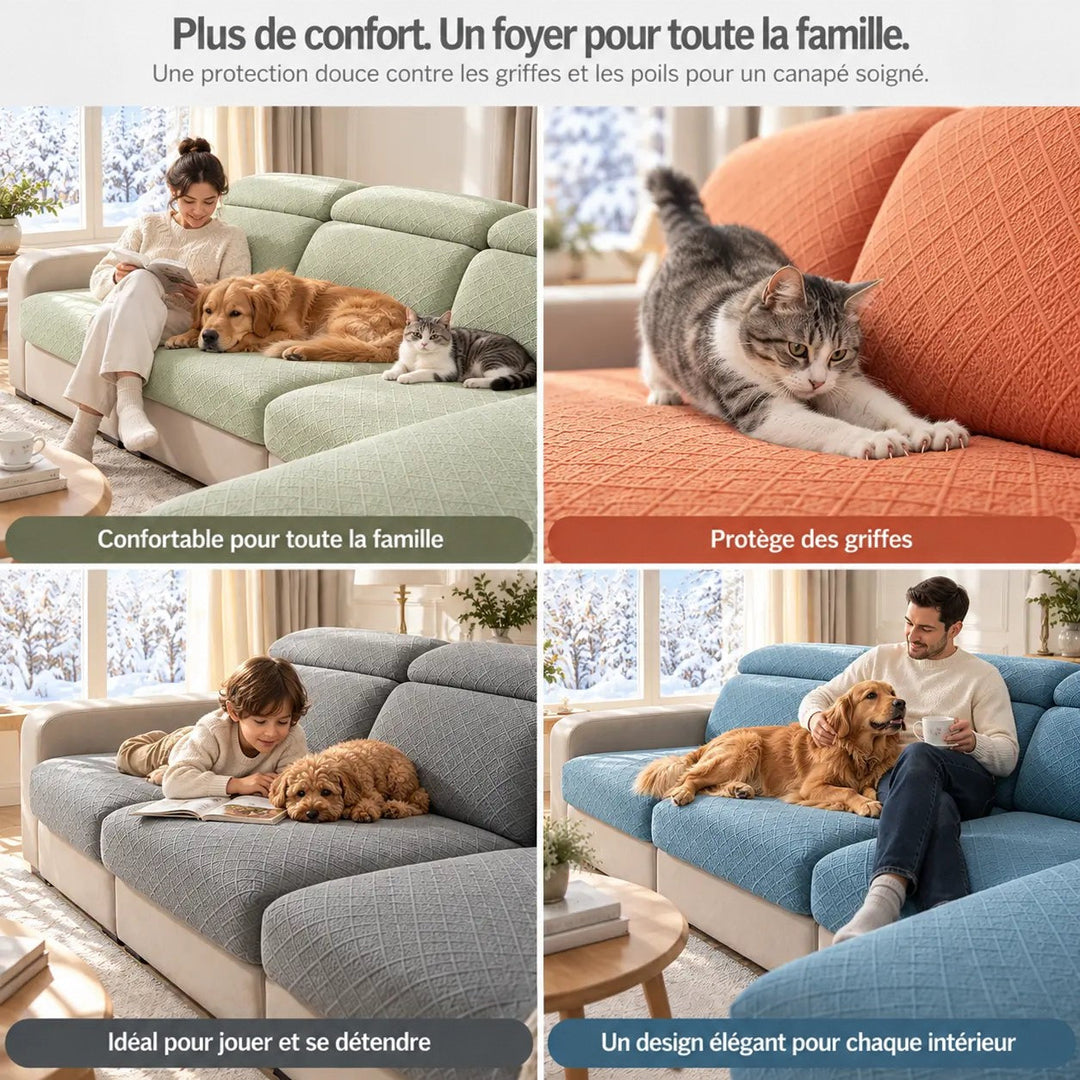 Quatre scènes familiales avec animaux sur canapés aux housses vertes, orange, grises et bleues 6