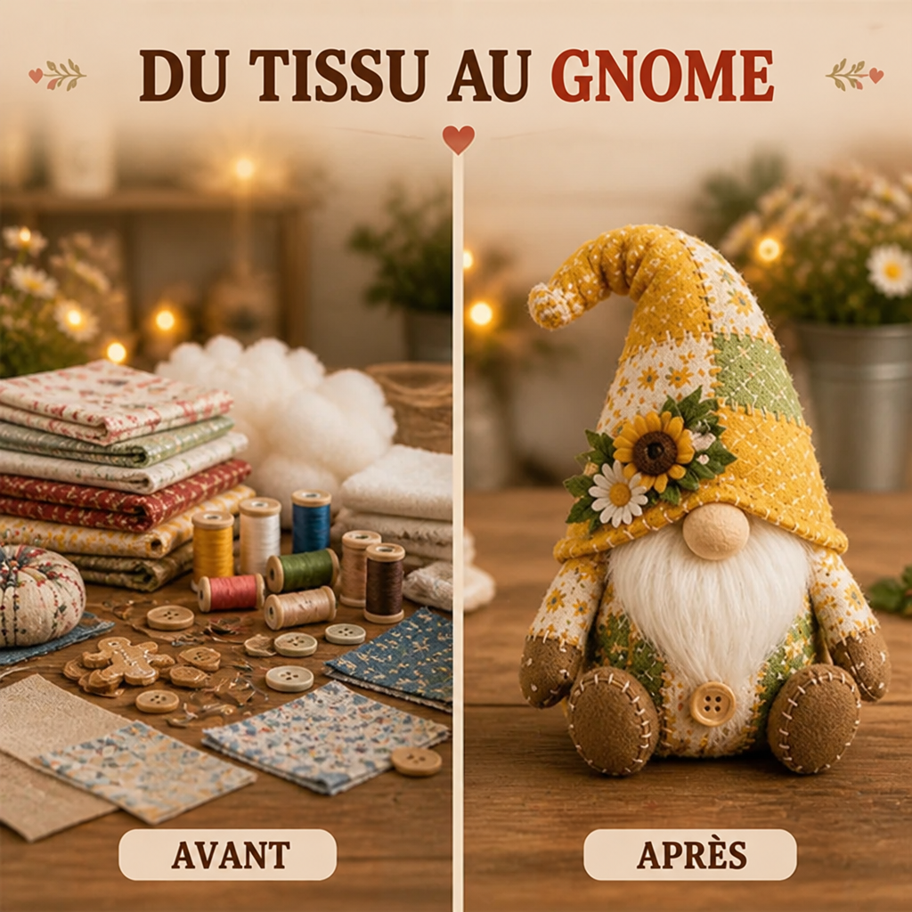 Avant et après : tissus, bobines et boutons à gauche, nain jaune terminé avec tournesol à droite 4