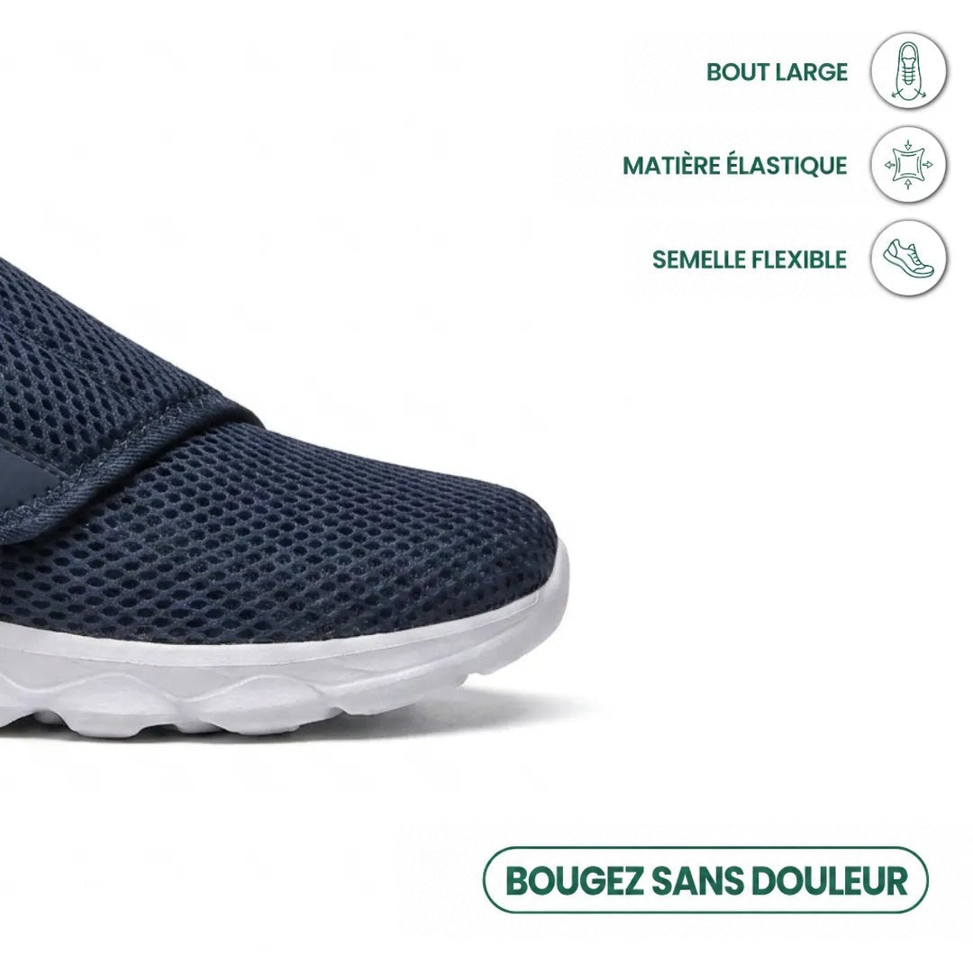 Gros plan sur l'avant de la chaussure bleu marine, bout large et mesh élastique, avec trois icônes de confort. 5