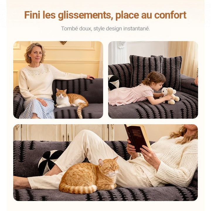 Trois scènes de vie : femme avec chat, enfant avec peluche, lectrice allongée sur la housse grise 3