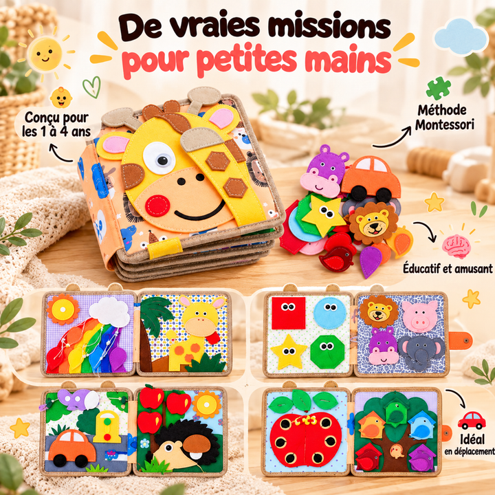 Livre girafe fermé avec ses pièces en feutre, et quatre doubles pages d'activités en dessous 3