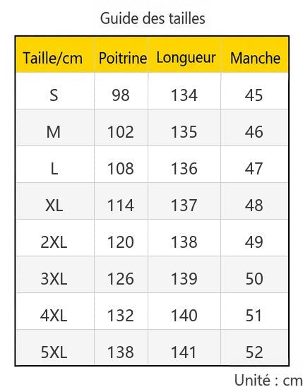 Tableau des tailles de S à 5XL avec tour de poitrine, longueur et manche en centimètres 11