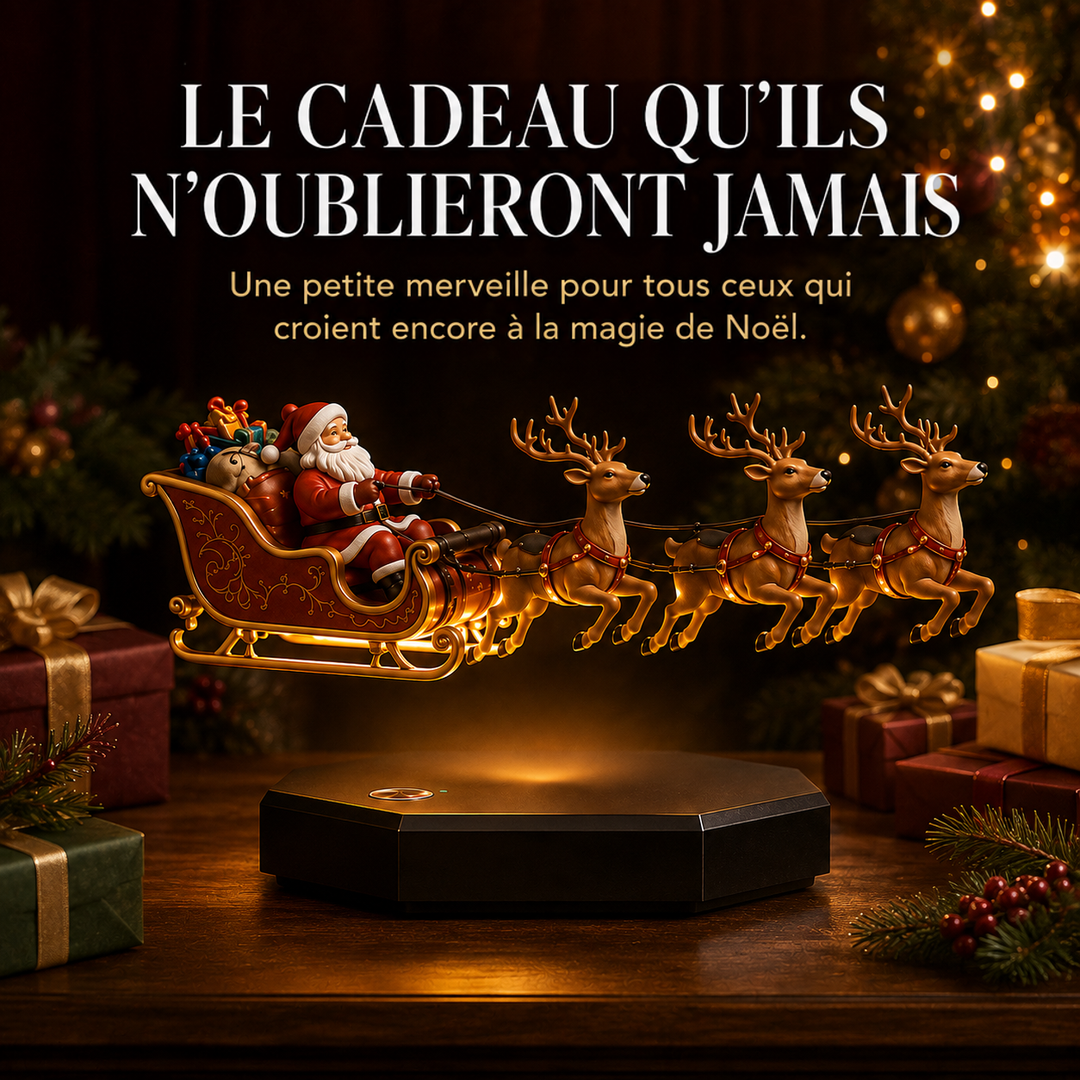 Traîneau lumineux flottant sur son socle, entouré de paquets cadeaux et de branches de sapin 5