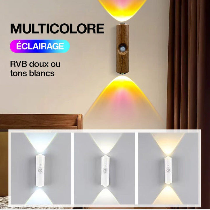 Lampe effet bois au mur d'une chambre projetant une lumière multicolore, avec trois teintes blanches en dessous 9