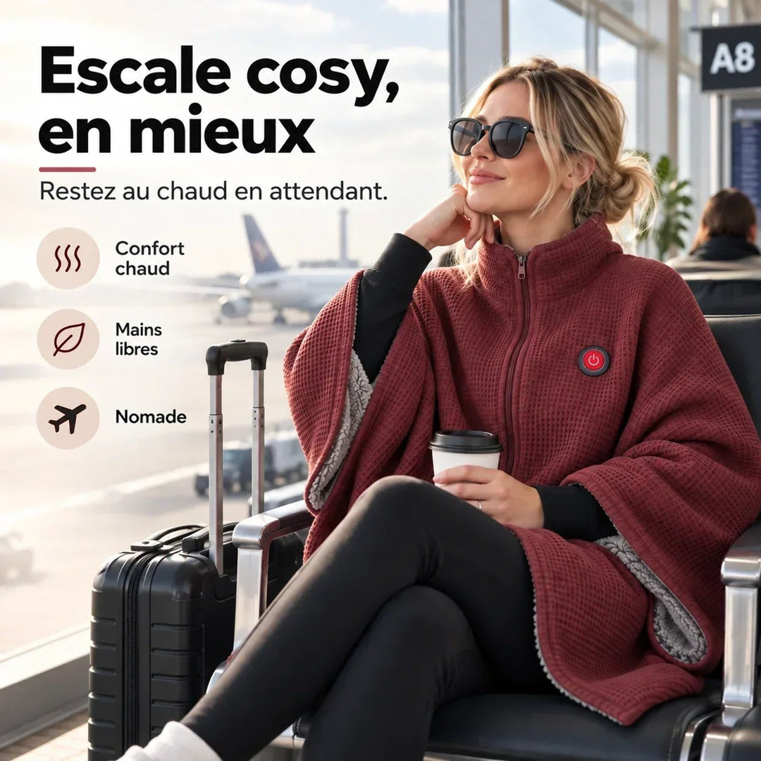 Femme en lunettes de soleil portant la couverture rouge en poncho dans une salle d'embarquement, café en main 1