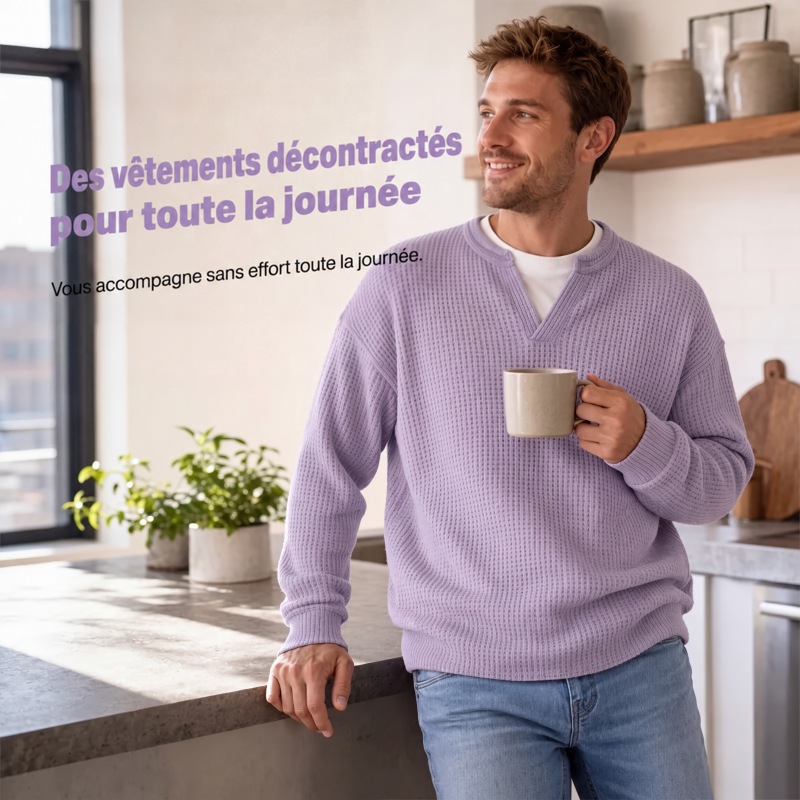 Homme souriant tenant une tasse dans une cuisine lumineuse, vêtu du haut en maille gaufrée lilas et d'un jean. 5
