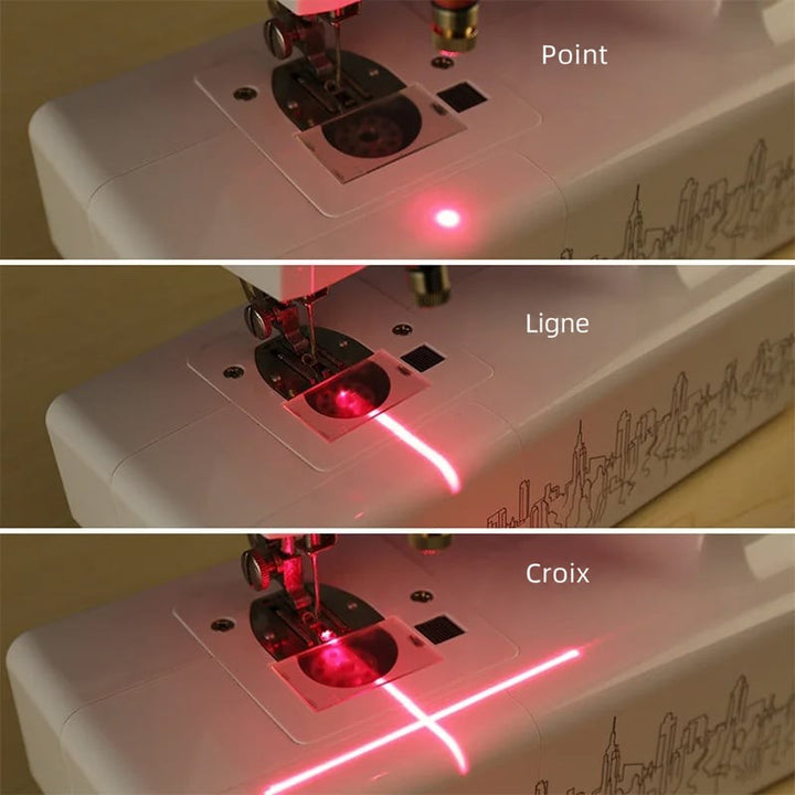 Trois vues d'une machine à coudre montrant le faisceau laser en point, en ligne et en croix 3