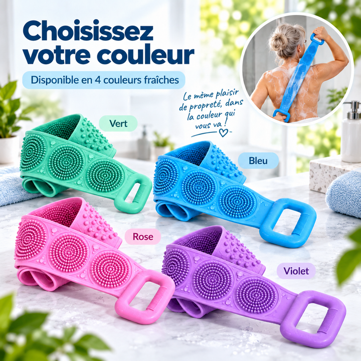 Quatre bandes en silicone vert, bleu, rose et violet alignées sur un plan de marbre 8