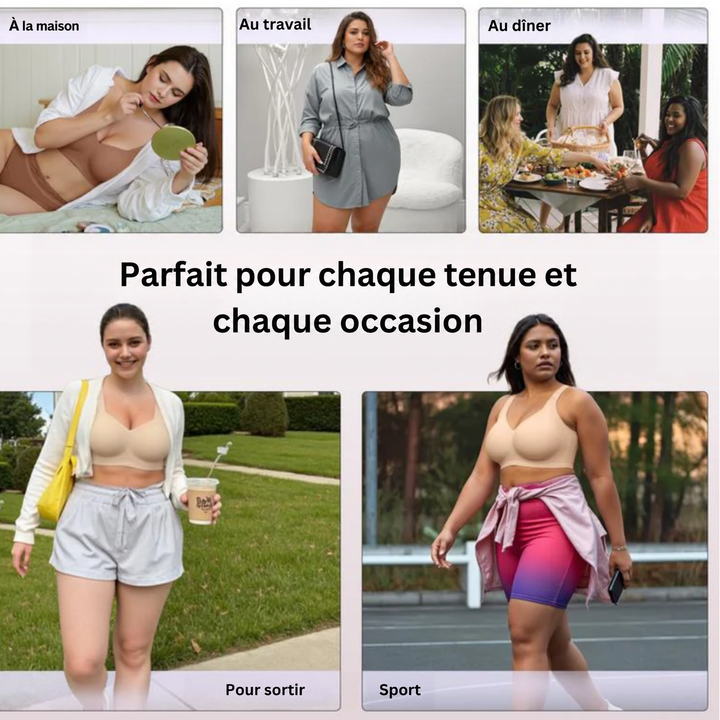 Collage de mannequins portant le soutien-gorge beige à la maison, au travail, en sortie et pour le sport 15