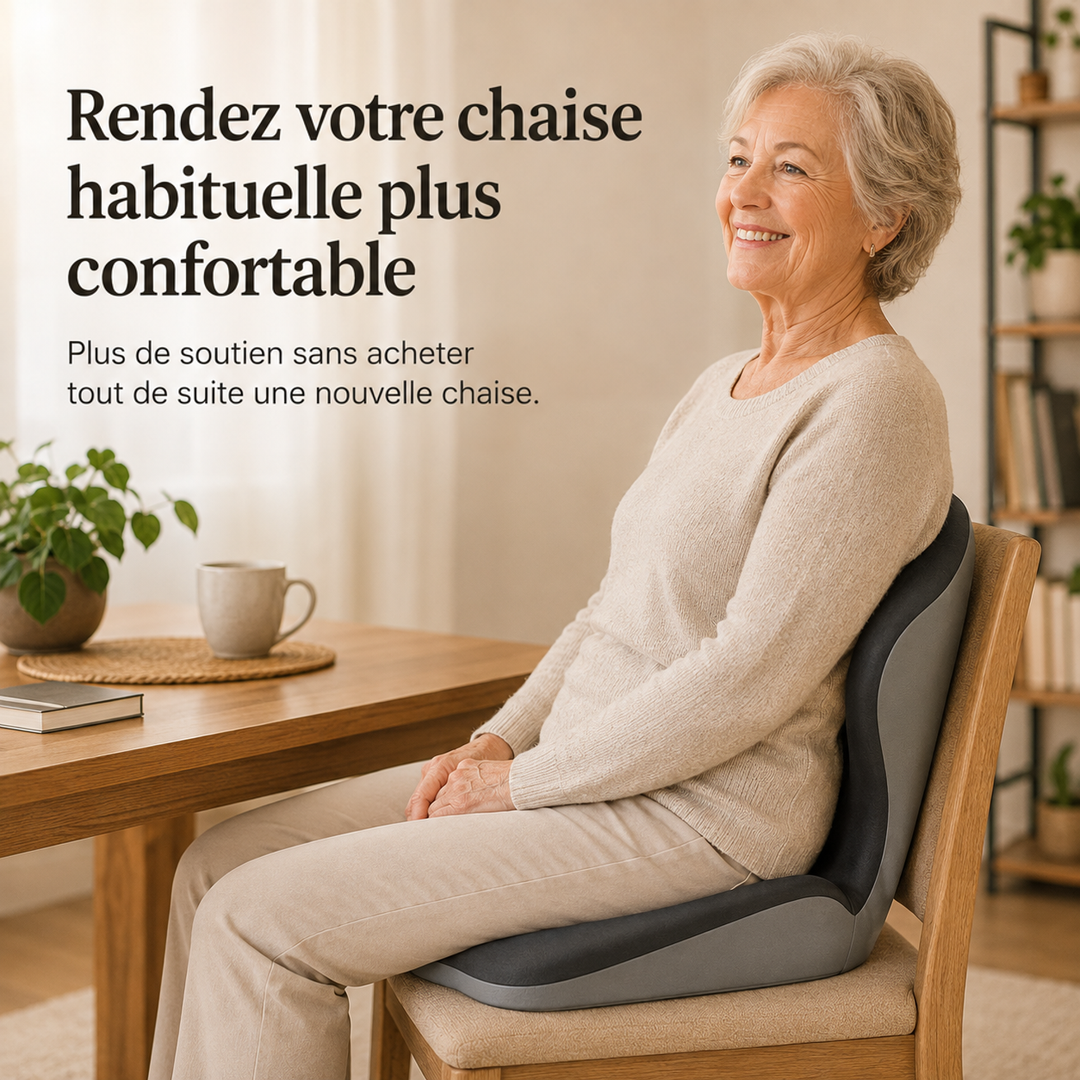 Femme aux cheveux courts assise sur une chaise en bois avec le coussin posé dessus 4