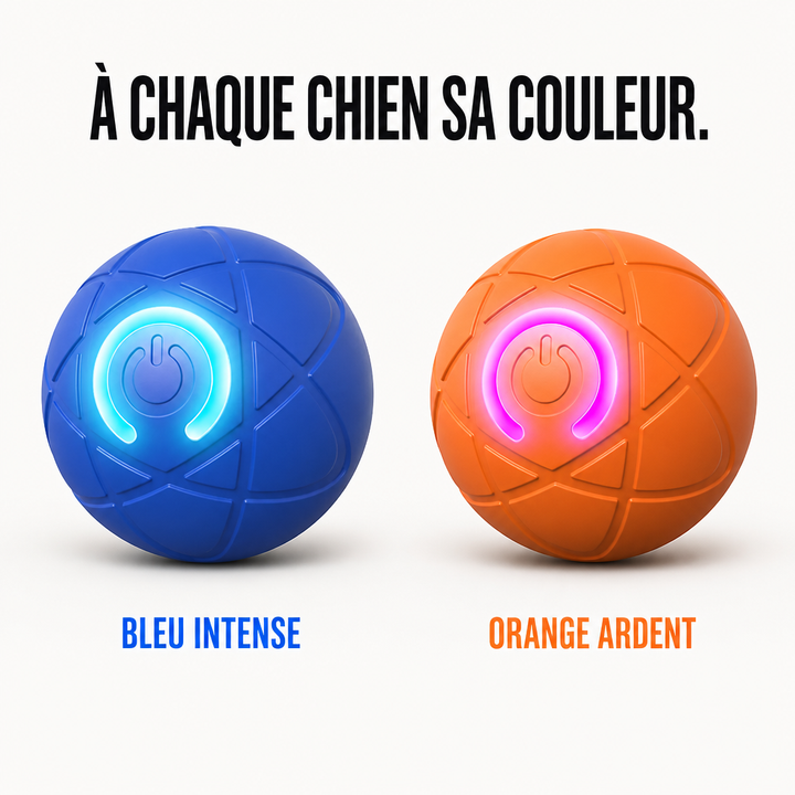 Deux boules côte à côte sur fond blanc, l'une bleue à lumière turquoise, l'autre orange à lumière rose 8