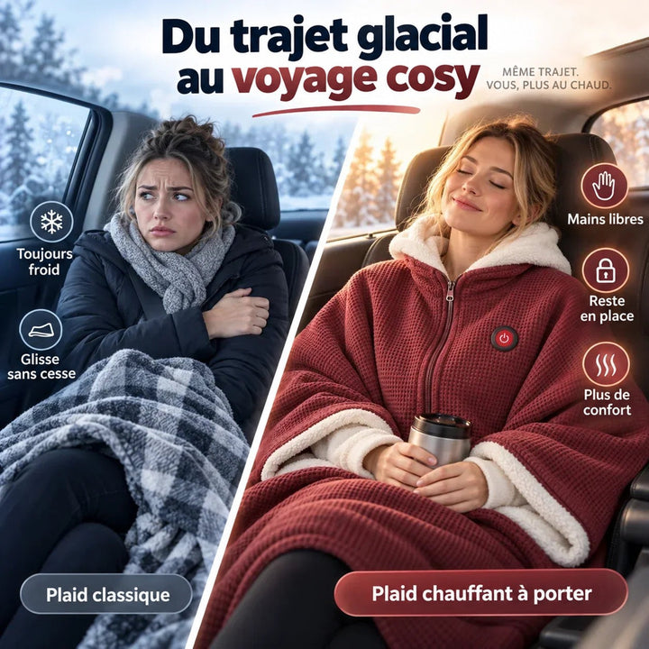 Comparaison en voiture: couverture ordinaire qui glisse à gauche, poncho chauffant rouge porté à droite 4
