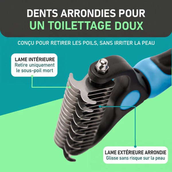 Gros plan sur les dents arrondies en acier du peigne, avec la lame intérieure et la lame extérieure légendées. 3