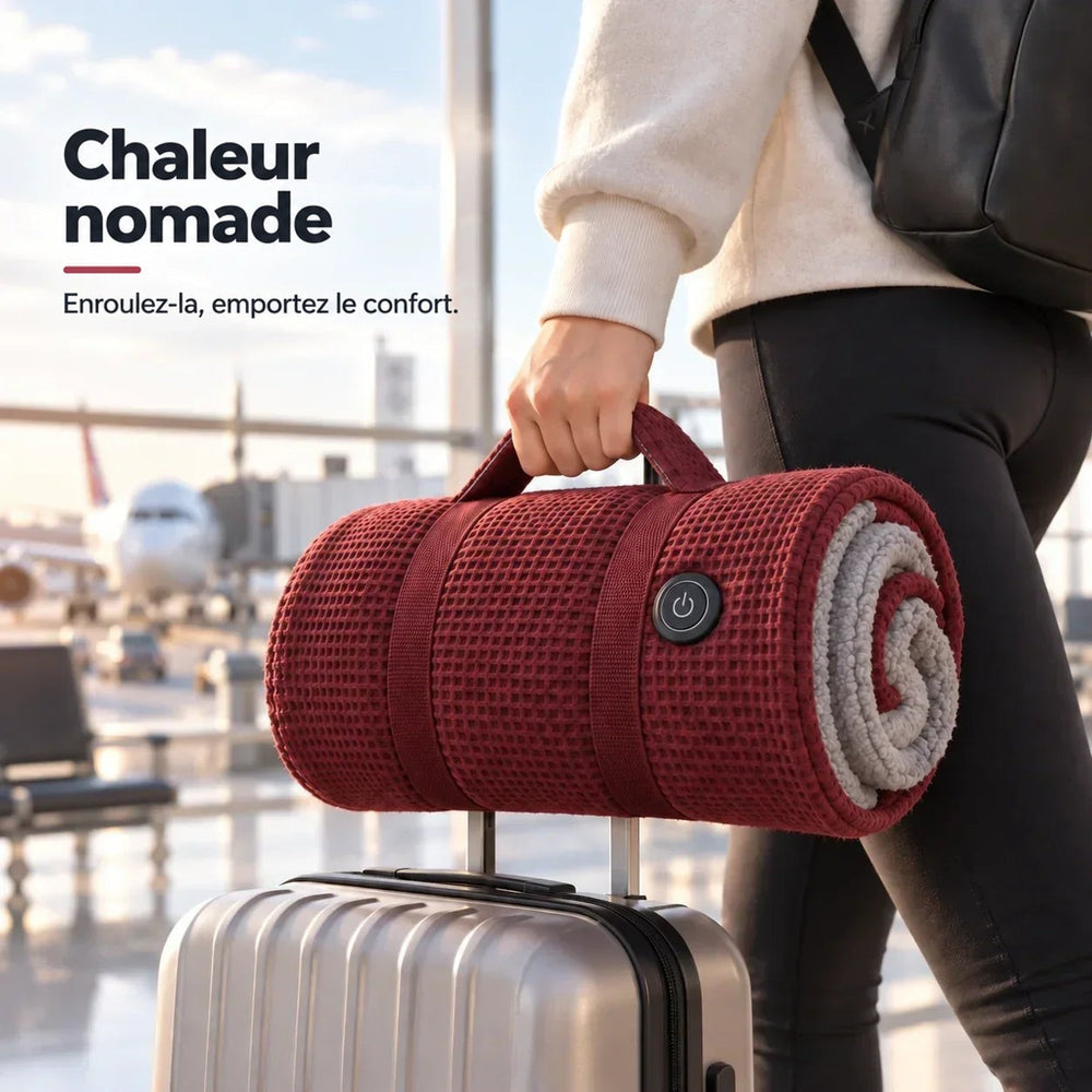Couverture rouge roulée avec poignée et sangles, portée à la main au-dessus d'une valise grise 2