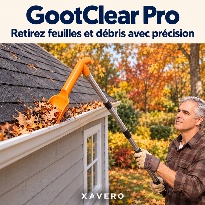 Homme en gants levant la perche pour ramasser des feuilles mortes dans une gouttière d'abri de jardin 4