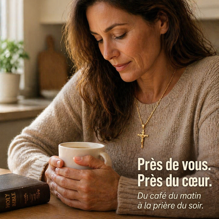Femme en pull beige tenant une tasse près d'une Bible, portant le collier crucifix doré 4