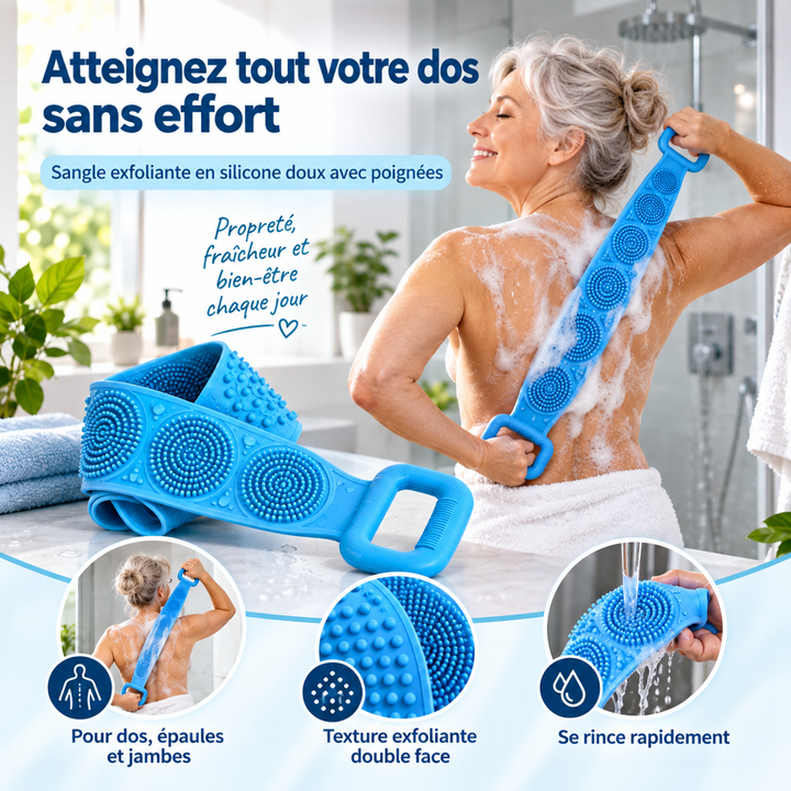 Bande en silicone bleue posée sur un plan de salle de bain, et femme l'utilisant dans le dos 3