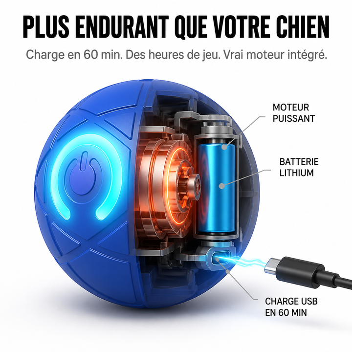 Vue en coupe de la boule bleue montrant le moteur, la batterie et le câble de charge USB 4
