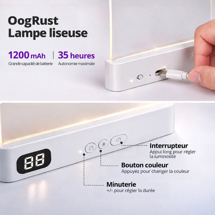 Gros plan sur le port de charge USB-C, les boutons de commande et l'écran numérique du boîtier blanc 8