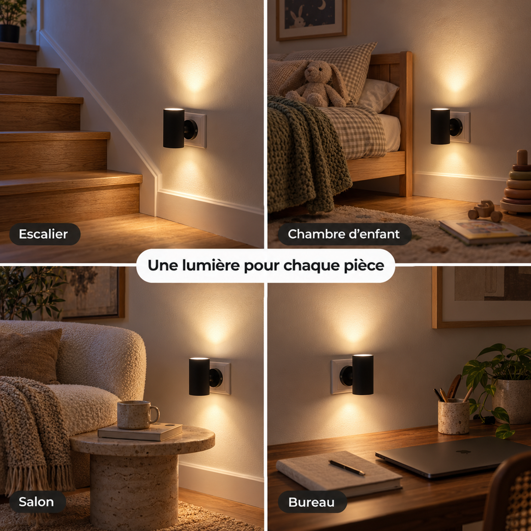 Applique noire branchée dans quatre pièces : escalier, chambre d'enfant, salon et bureau, avec lumière chaude 8