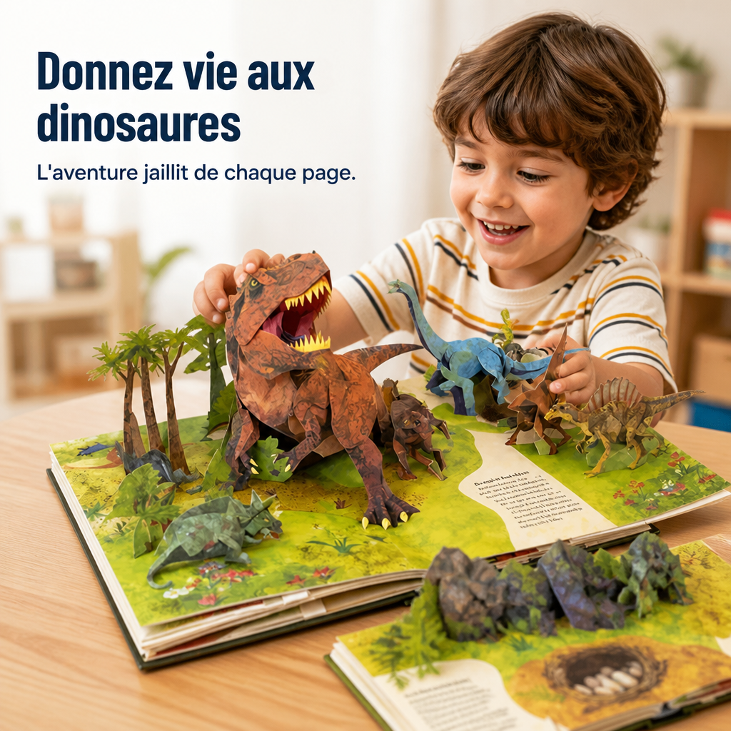 Garçon souriant jouant avec les dinosaures en papier d'un livre ouvert, un second livre au premier plan 1