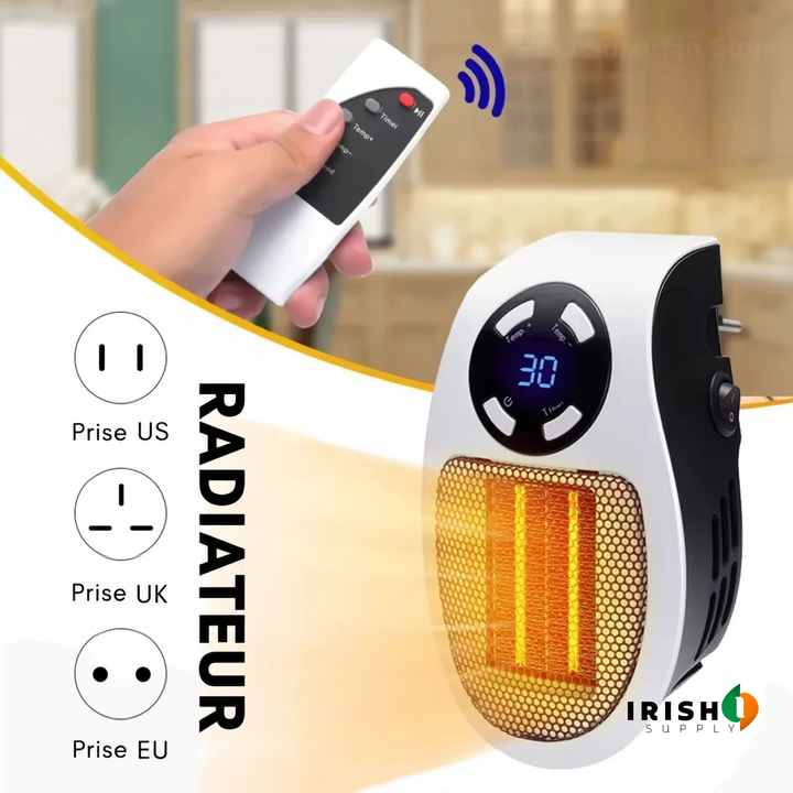 Chauffage allumé avec grille orangée et télécommande, accompagné de schémas des trois types de prises 3