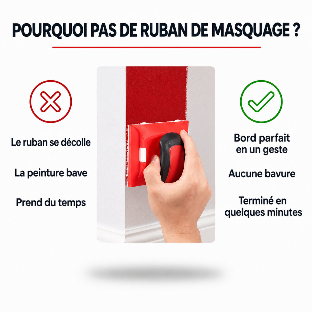 Main guidant l'outil le long d'un mur, laissant une limite de peinture rouge nette sans ruban 4