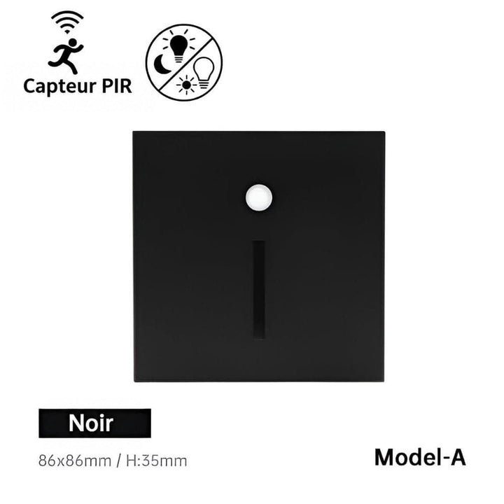 Modèle à fente verticale en noir, vue de face, avec capteur de mouvement rond au-dessus 1