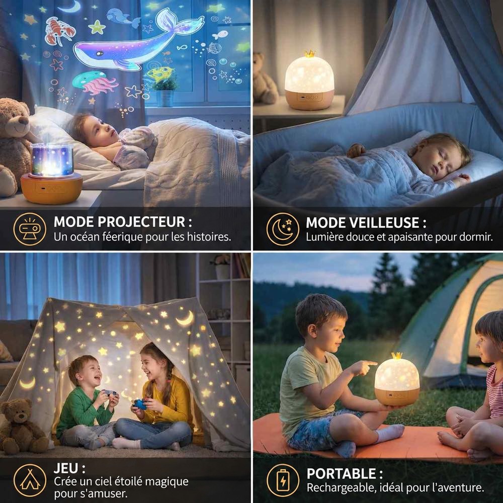 Quatre scènes d'usage : projection océan, mode veilleuse, jeu sous une tente en tissu et utilisation nomade en plein air 3