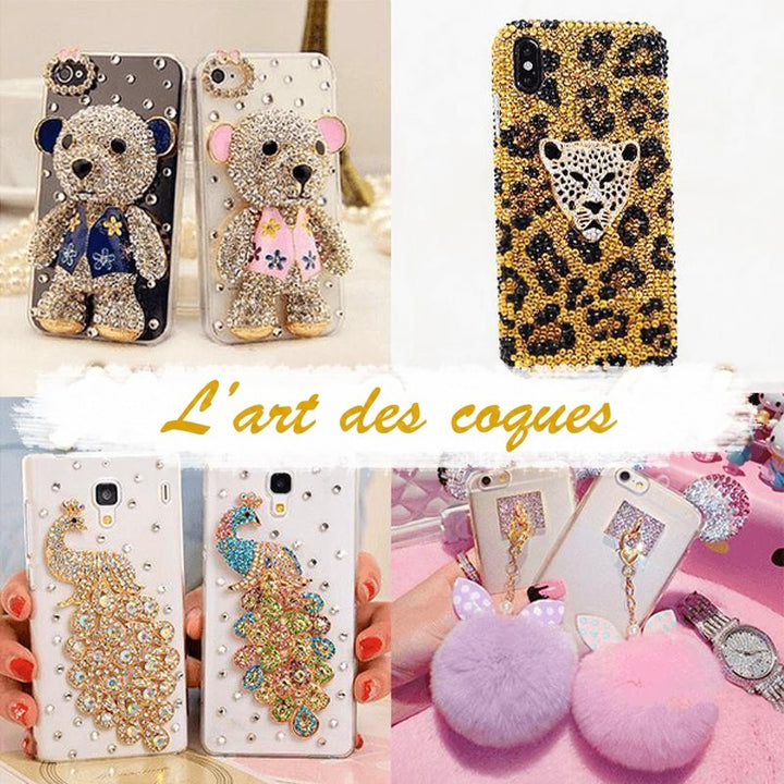 Coques de téléphone ornées de strass, oursons, léopard, paons et pompons, légende en allemand 10
