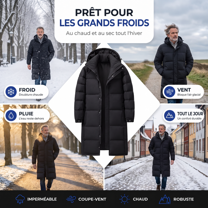 Montage de quatre hommes portant le manteau long noir par temps de neige, de vent et de pluie 4