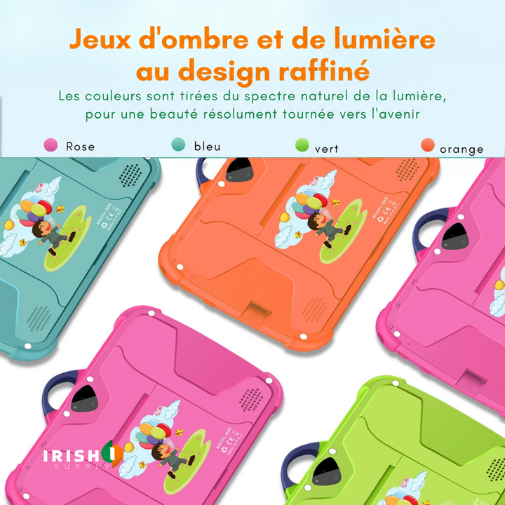 Dos des tablettes en quatre coloris, rose, bleu, vert et orange, avec illustration d'enfant aux ballons 3
