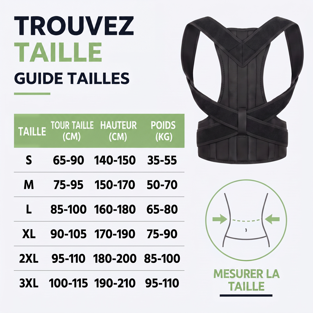 Correcteur noir présenté seul avec un tableau des tailles S à 3XL et un schéma pour mesurer le tour de taille. 5