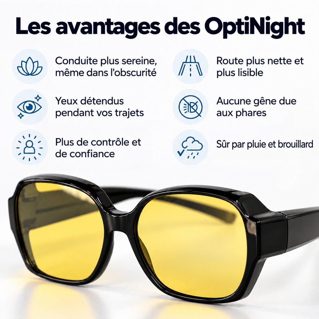 Lunettes à verres jaunes en gros plan, accompagnées de six pictogrammes présentant les avantages de la conduite de nuit. 3