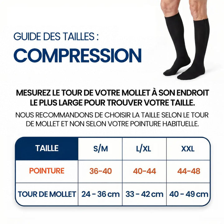Guide des tailles du bas noir selon le tour de mollet et la pointure 11